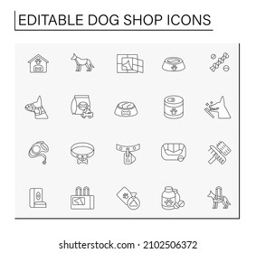  Dog shop line icons set. Special products for dogs. Care of pets. Shop concepts. Isolated vector illustrations. Editable stroke