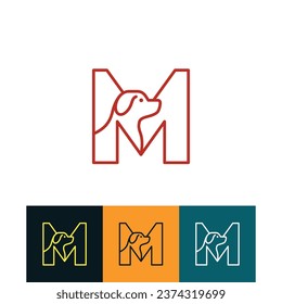 Dog shop Logo of Letter M Pet paw store icon vector, animal care symbol, veterinary clinic label.