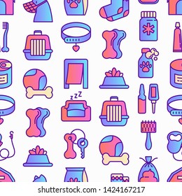 Dog shop seamless pattern with thin line icons: bags for transportation, feeders, toys, doors, dental hygiene, muzzle, snacks, hygienic bags, collar, haircare. Vector illustration.