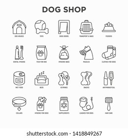 Dog shop thin line icons set: bags for transportation, feeders, toys, doors, dental hygiene, muzzle, snacks, hygienic bags, dry food, wet food, collar, haircare, supplements. Vector illustration.