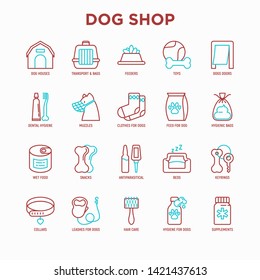 Dog shop thin line icons set: bags for transportation, feeders, toys, doors, dental hygiene, muzzle, snacks, hygienic bags, dry food, wet food, collar, haircare, supplements. Vector illustration.