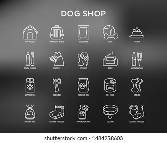 Dog shop thin line icons set: bags for transportation, feeders, toys, doors, dental hygiene, muzzle, snacks, hygienic bags, collar, haircare, supplements. Vector illustration for black theme.