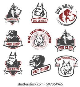 Dog shop, dog training center emblem templates isolated on white background. Design elements for logo, label, sign. Vector illustration