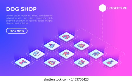 Dog shop web page template with thin isometric line icons: bags for transportation, feeders, toys, doors, dental hygiene, muzzle, snacks, hygienic bags, collar, supplements. Vector illustration.