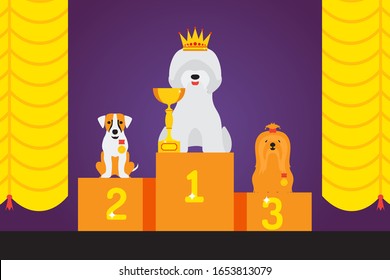 Dog Show Award, Cute Pet Winner, Animal Grooming Competition Podium, Vector Illustration. Different Breeds Of Dogs, Pet Cartoon Character, Award Winning Animal On Exhibition Show. Win First Place