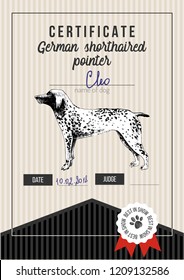 Plantilla de certificado de programa de perros con puntero de acorriente alemán dibujado a mano. Ilustración del vector
