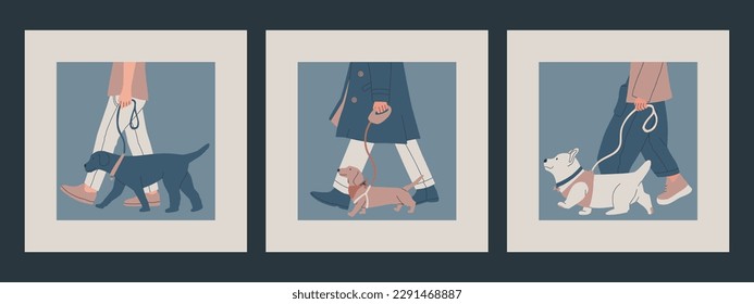 Show de perros o competencia. El hombre mantiene al perro con una correa. Conjunto de ilustraciones vectoriales.