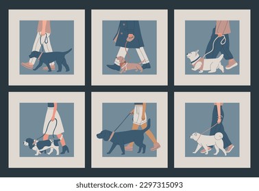 Dog Show or Competition. The man keeps the dog on a leash. Set of vector illustrations.