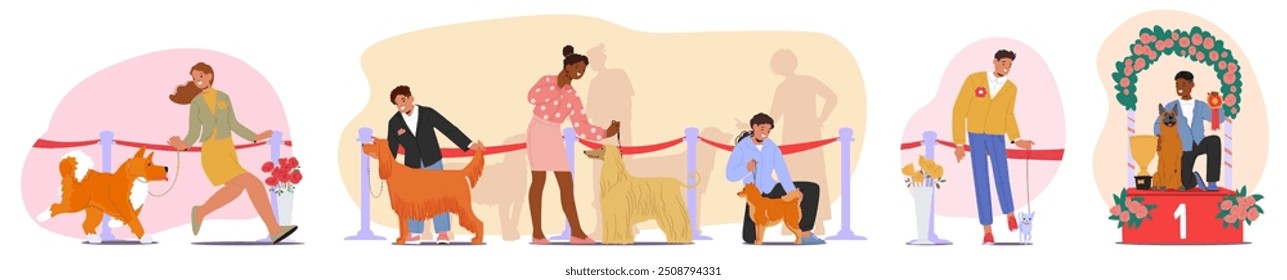 Dog Show Event With Competitors And Their Dogs Showcasing Talents. Participants With Their Prize-winning Dogs, Capturing The Excitement And Competition. Pets, Competitions, And Events Vector Concept