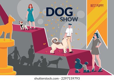 Dog show flat collage composition with dog show best puppy headline and the dogs at the show stand on the carpet vector illustration