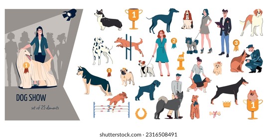 Dog show flat colored composition with dog breeds awards owners with pets vector illustration