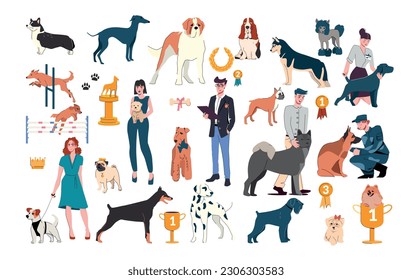 Dog show flat icon set with different dog breeds owners and handlers various cups and medals vector illustration