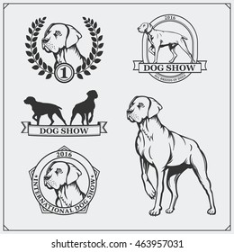 Dog Show labels, emblems, awards, illustrations and silhouettes of dogs. 