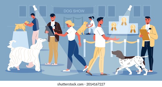 Dog show participants and their owners in room with spotlights and empty pedestal flat vector illustration