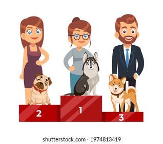 Dog Show. People with purebred pets, cute domestic puppy on pedestal standing, award ceremony, first second and third place, winner exhibition, dogs competition, vector isolated concept