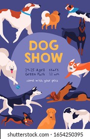 Dog show poster on purple background. Various cartoon dogs breeds posing at placard template vector flat illustration. Promo of domestic animal event with place for text