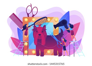 Dog show preparations. Taking care of puppy, bringing to professional groomer. Grooming salon, pet grooming services, pet beauty shop concept. Bright vibrant violet vector isolated illustration