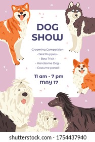 Dog show promo poster template with different dogs breeds. Cute purebred pets or domestic animals. Vector flat illustration with place for your text.