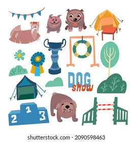 Dog show. Set of items for design of posters, booklets. Pets, sports equipment, medal, cup, plants. Vector illustration.