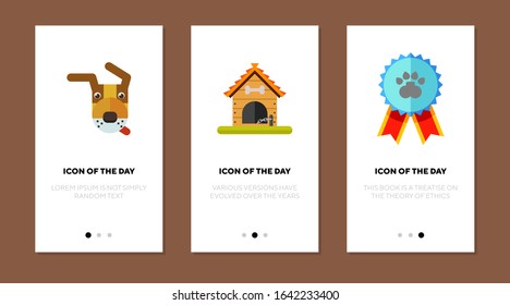 El perro muestra un conjunto de iconos planos delgados. Medal, perrera, perro guardián aislado de la señal vectorial. Concepto de mascotas y animales. Elementos de símbolo de ilustración vectorial para diseño web y aplicaciones
