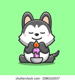 dog Siberian Husky praying with purple candle