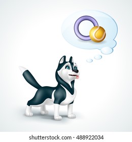 Dog siberian husky with thought bubble thinking about toys