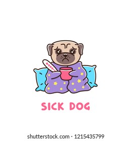 The dog is sick with a thermometer wrapped in a blanket, with a mug of hot drink. It can be used for sticker, patch, brochures, posters, ads, articles etc.