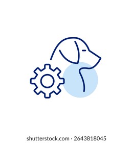 Dog side view and cogwheel. Pet care settings, animal health monitoring, smart pet device configuration, automated feeding control, pet activity tracking. Pixel perfect, editable stroke vector icon