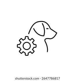 Dog side view and cogwheel. Pet care settings, animal health monitoring, smart pet device configuration, automated feeding control, pet activity tracking. Pixel perfect, editable stroke vector icon