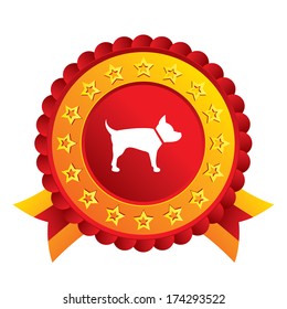 Dog sign icon. Pets symbol. Red award label with stars and ribbons. Vector
