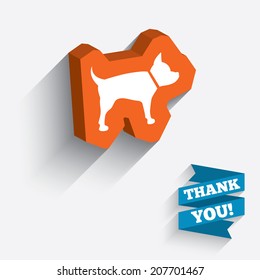 Dog sign icon. Pets symbol. White icon on orange 3D piece of wall. Carved in stone with long flat shadow. Vector