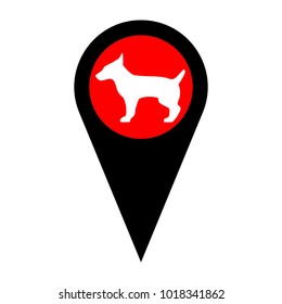 Dog sign illustration. Vector. Flat white icon in red circle at black marker on white background. Isolated.