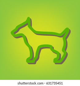 Dog sign illustration. Vector. Green line icon with brown shadow at green-yellow background.