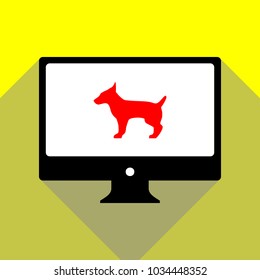 Dog sign illustration. Vector. Red icon on white monitor of black all-in-one desktop computer with two shadows at yellow background.