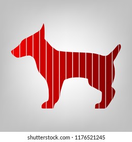 Dog sign illustration. Vector. Vertically divided icon with colors from reddish gradient in gray background with light in center.