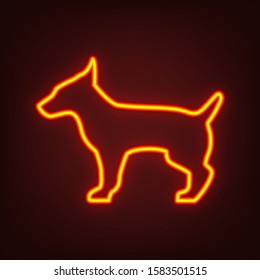 Dog sign illustration. Yellow, orange, red neon icon at dark reddish background. Illumination. Illustration.