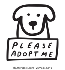 Hund mit Schild - bitte adoptieren Sie mich. Handgezeichnetes Schild. Vektorgrafik auf weißem Hintergrund.