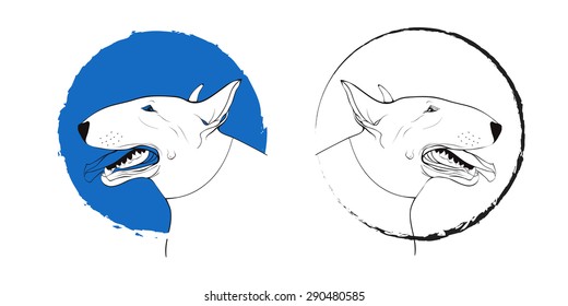 Dog sign. Stamp for logo.  Vector portrait of a dog. Pitbull. Happy pitbull looking with tongue out