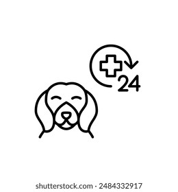 Dog silhouette, 24-hour healthcare symbol, continuous medical care and support for animals. Veterinary clinic. Pixel perfect, editable stroke icon