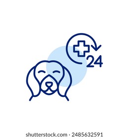 Dog silhouette, 24-hour healthcare symbol, continuous medical care and support for animals. Veterinary clinic. Pixel perfect vector icon