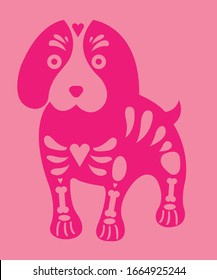 
Dog silhouette with bones, dog skeleton on pink background