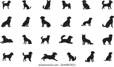 Dog silhouette bundle set, vector, on a white background, black silhouette of a standing dog, set