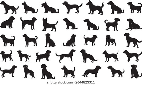 Dog silhouette bundle set, vector, on a white background, black silhouette of a standing dog, set