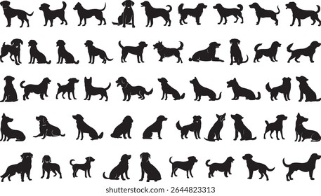 Dog silhouette bundle set, vector, on a white background, black silhouette of a standing dog, set