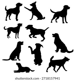 Dog silhouette collection displaying different breeds and poses. Ideal for pet care branding, animal logos, training concepts, and veterinary designs.