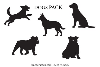 Dog silhouette collection featuring different breeds like German Shepherd, Bulldog, and Pug.