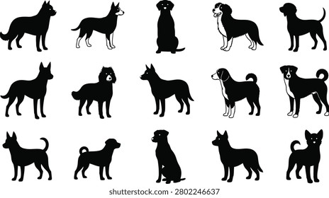 Dog silhouette collection with multiple breeds and poses, isolated black canine vector clipart set on white background for design
