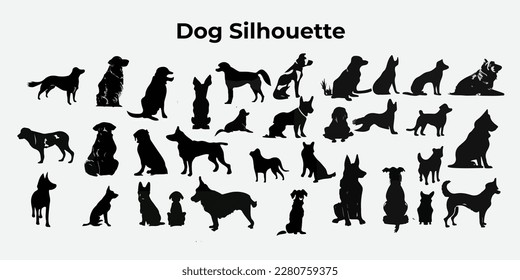 Dog Silhouette collection vector illustration. Dog silhouette bundle for T shirt, painting .Dog silhouette in different pose isolated.Dog vector clipart illustration.