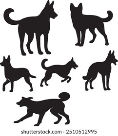 Dog silhouette collection vector. Dog in various poses and activities like jumping, sitting, running, playing, and standing. 