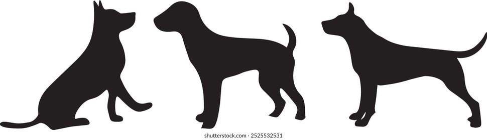 Dog silhouette collection vector. Dog in various poses and activities like jumping, sitting, running, playing, and standing. Silhouette black puppies, pet dog vector isolated on a white background.